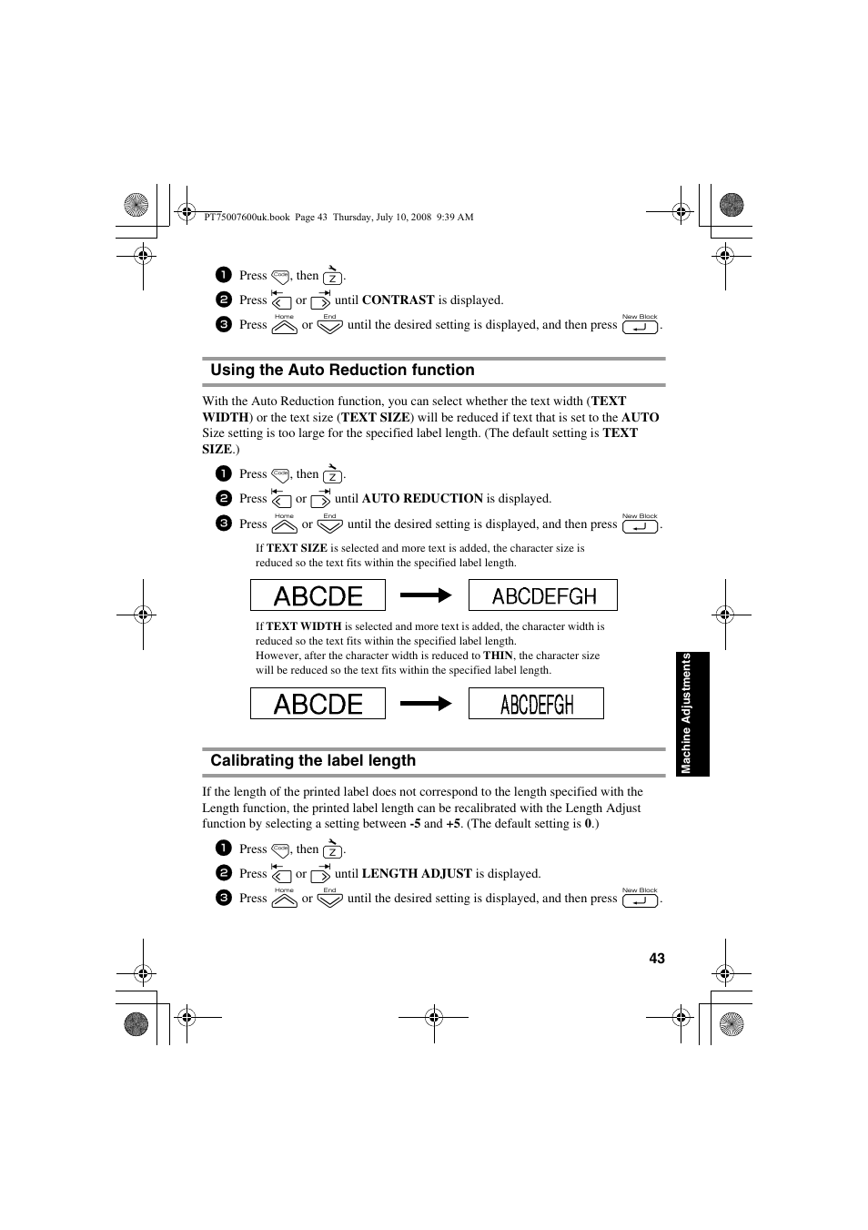 Using the auto reduction function, Calibrating the label length | Brother P-TOUCH 7500 User Manual | Page 53 / 102