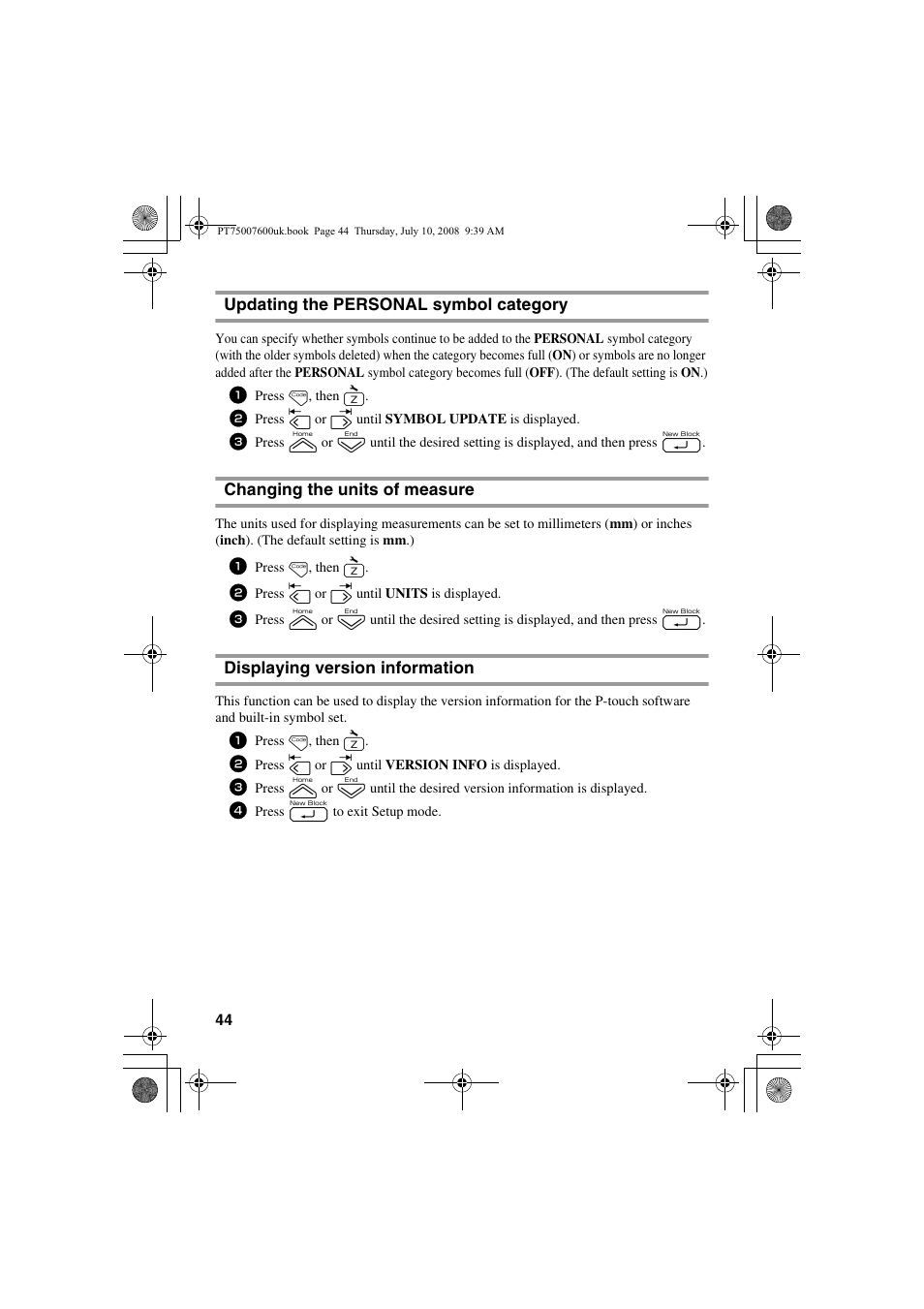 Updating the pers, Updating the personal symbol category, Changing the units of measure | Displaying version information | Brother P-TOUCH 7500 User Manual | Page 54 / 102