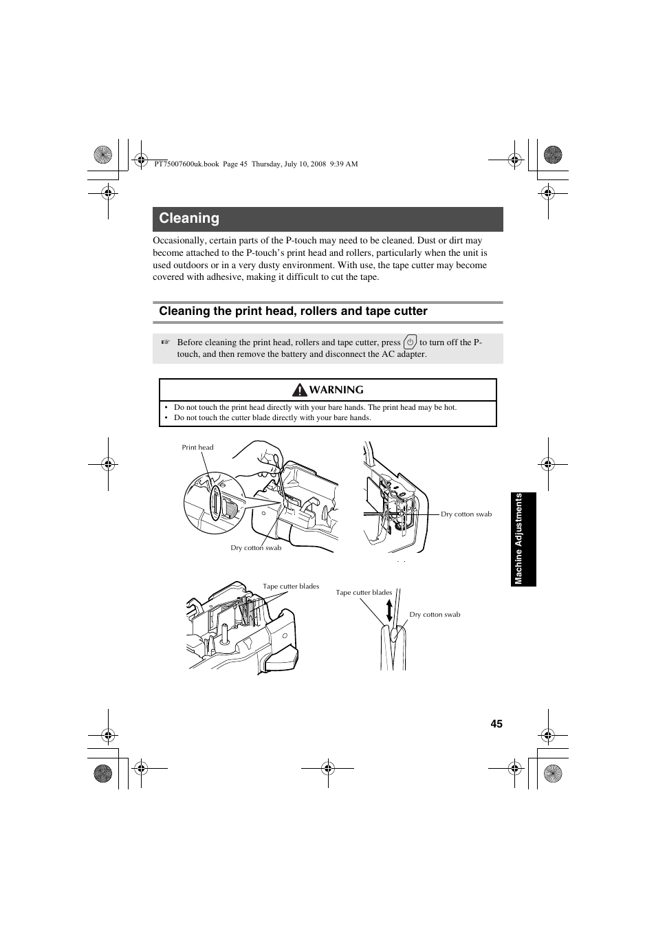 Cleaning, Cleaning the print head, rollers and tape cutter | Brother P-TOUCH 7500 User Manual | Page 55 / 102