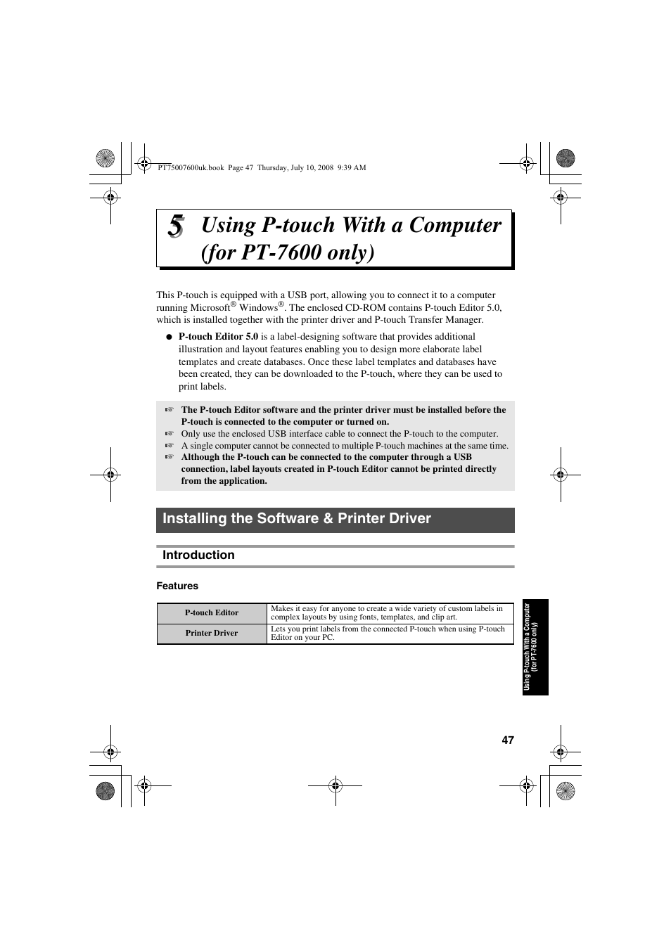 Using p-touch with a computer (for pt-7600 only), Installing the software & printer driver, Introduction | Brother P-TOUCH 7500 User Manual | Page 57 / 102