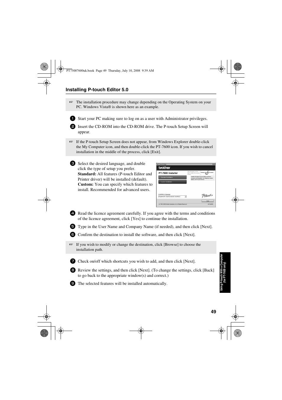 Installing p-touch editor 5.0 | Brother P-TOUCH 7500 User Manual | Page 59 / 102