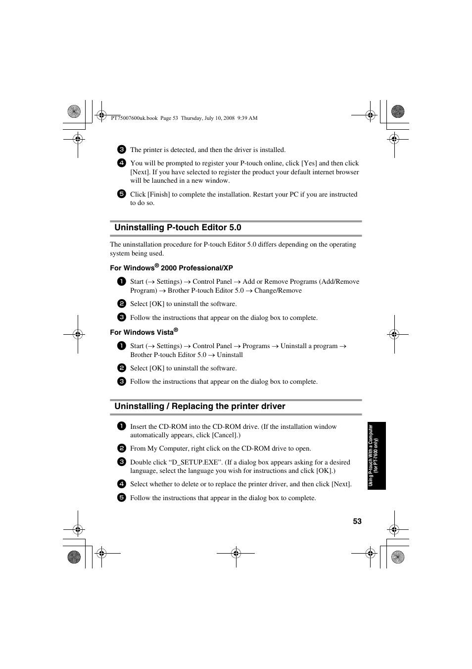 Uninstalling p-touch editor 5.0, Uninstalling / replacing the printer driver | Brother P-TOUCH 7500 User Manual | Page 63 / 102
