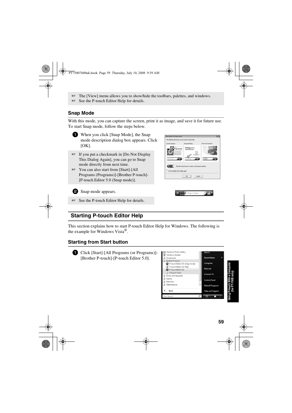 Starting p-touch editor help, Snap mode, Starting from start button | Brother P-TOUCH 7500 User Manual | Page 69 / 102