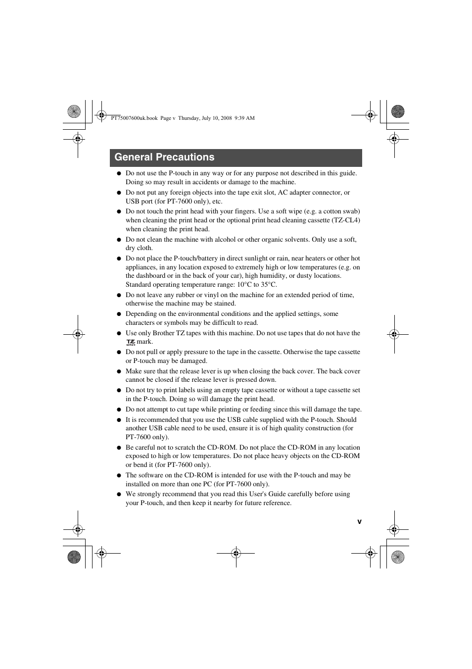 General precautions | Brother P-TOUCH 7500 User Manual | Page 7 / 102