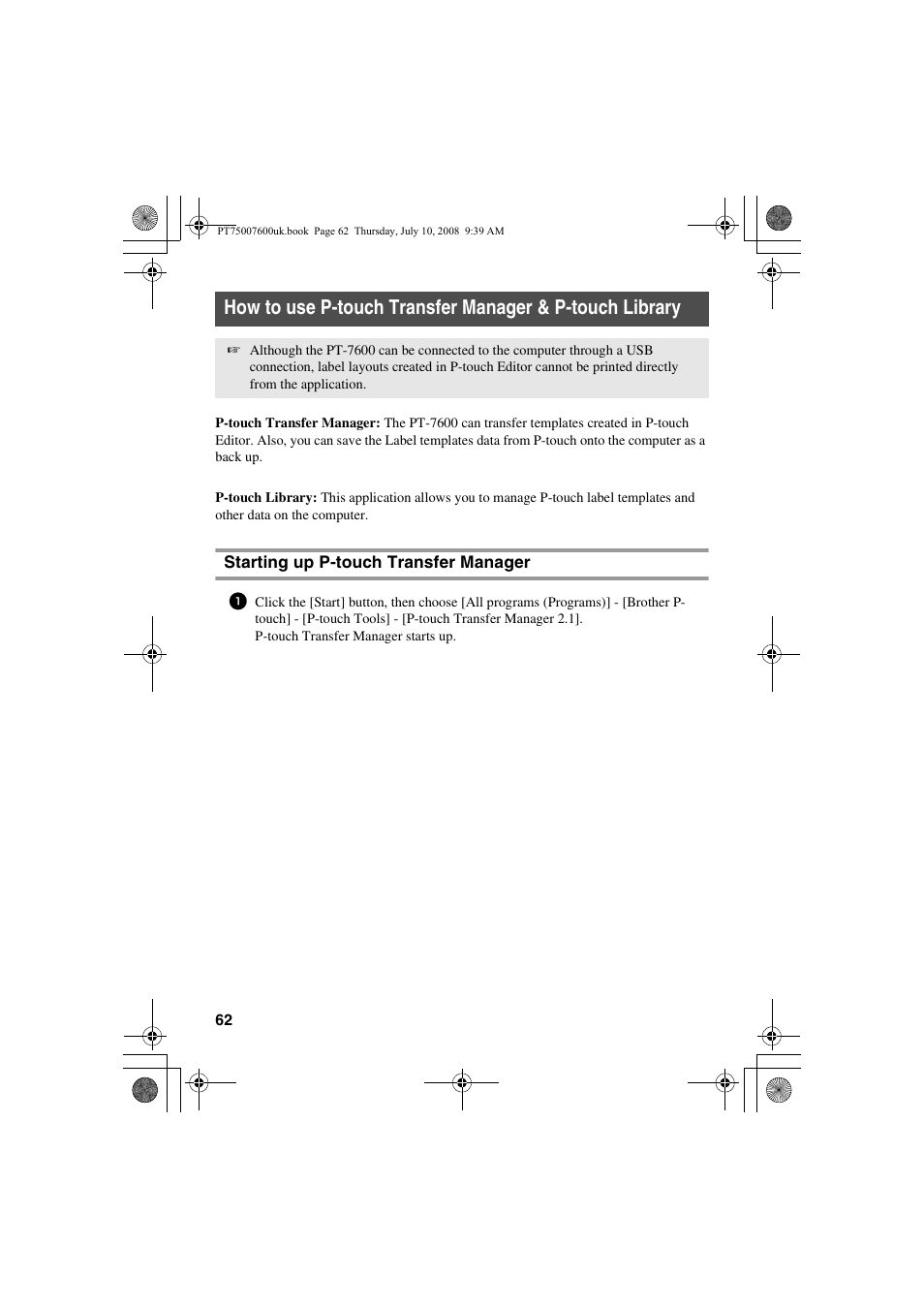Starting up p-touch transfer manager | Brother P-TOUCH 7500 User Manual | Page 72 / 102