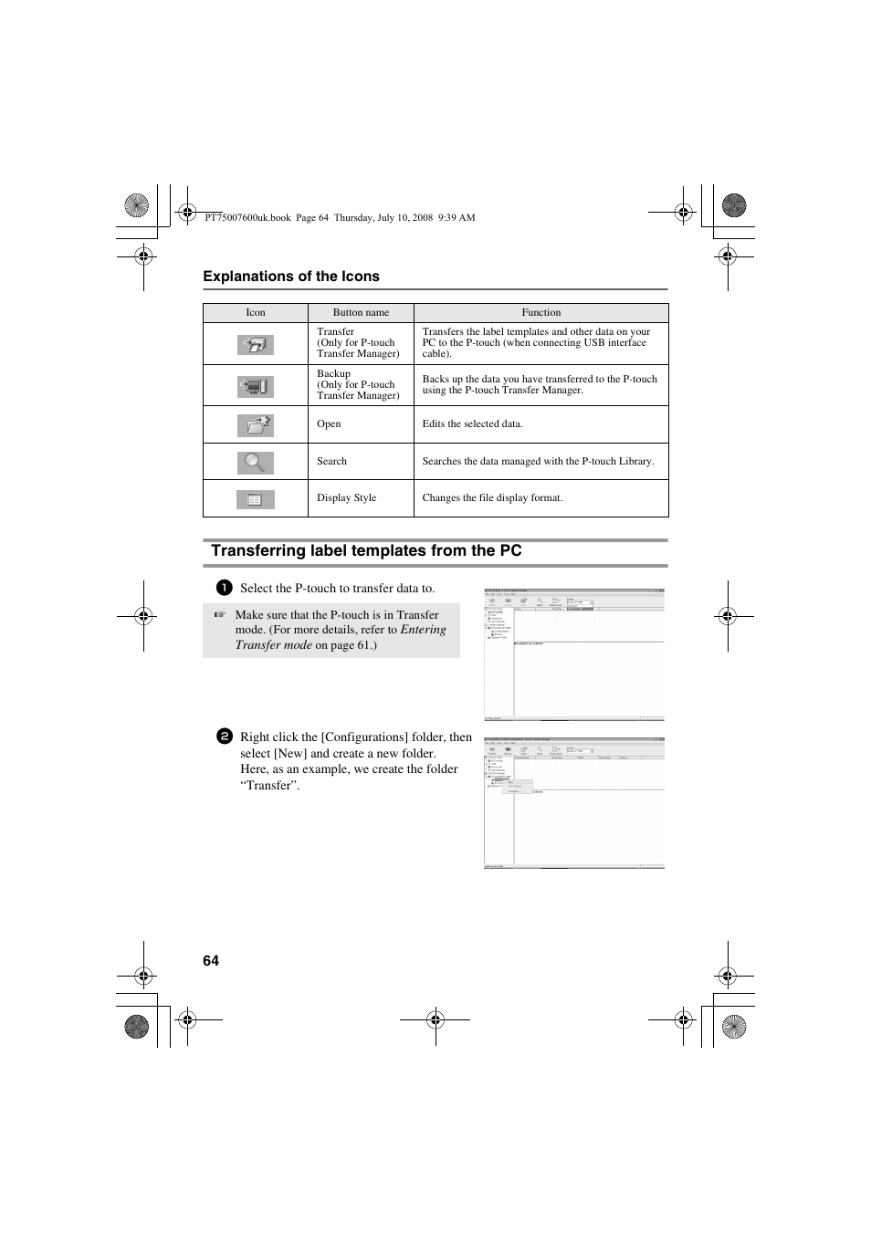 Transferring label templates from the pc | Brother P-TOUCH 7500 User Manual | Page 74 / 102