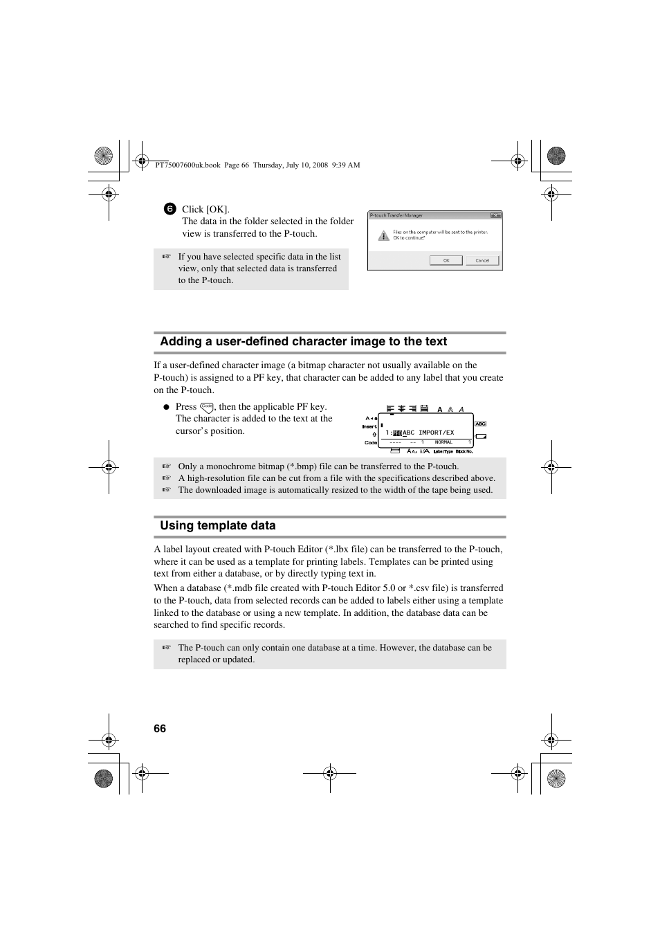 Adding a user-defined character image to the text, Using template data | Brother P-TOUCH 7500 User Manual | Page 76 / 102