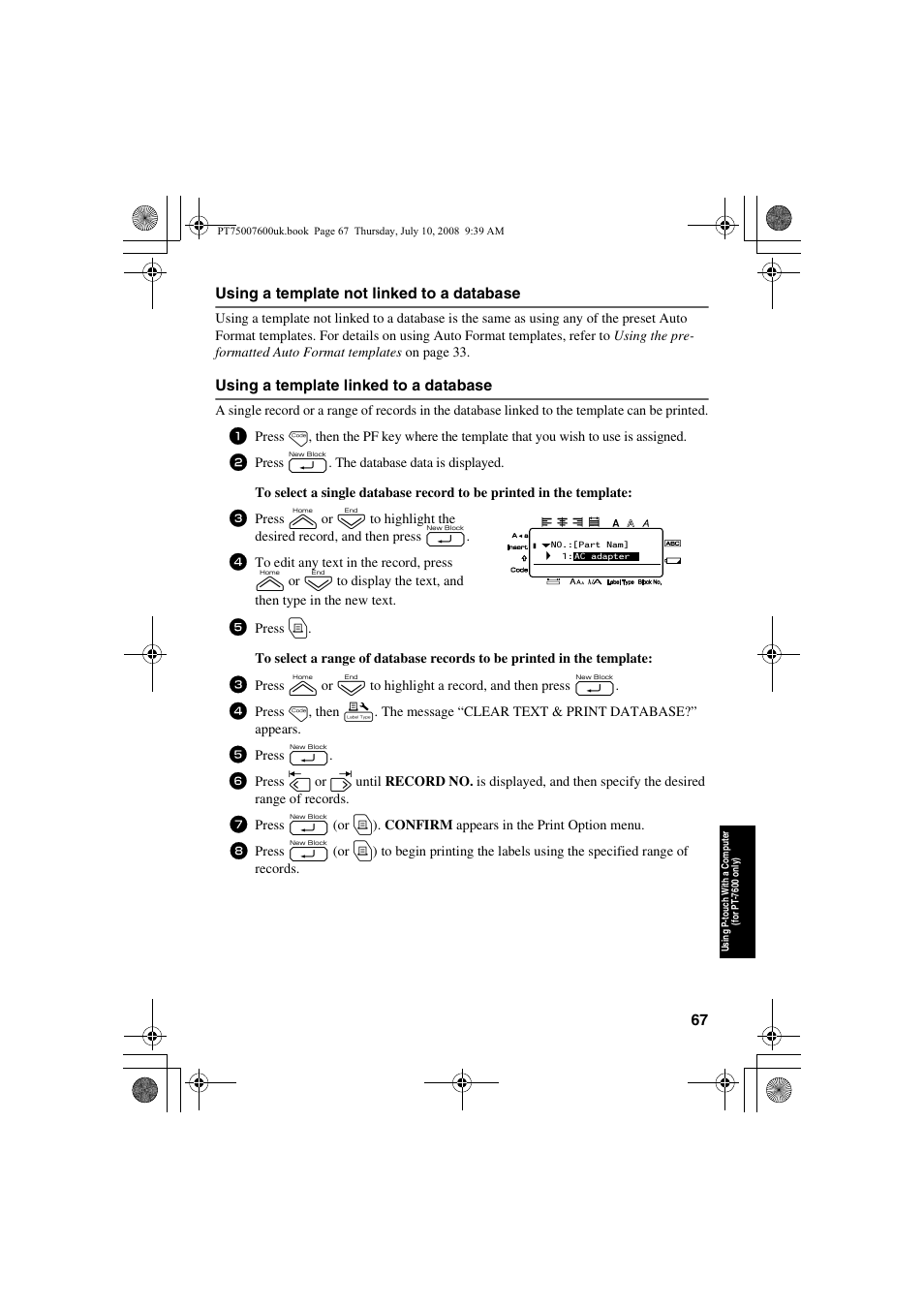 Using a template not linked to a database, Using a template linked to a database | Brother P-TOUCH 7500 User Manual | Page 77 / 102