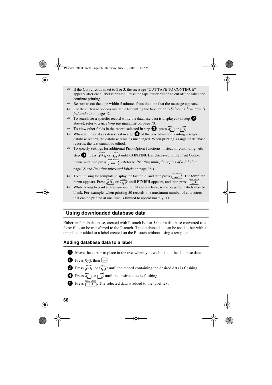 Using downloaded database data | Brother P-TOUCH 7500 User Manual | Page 78 / 102