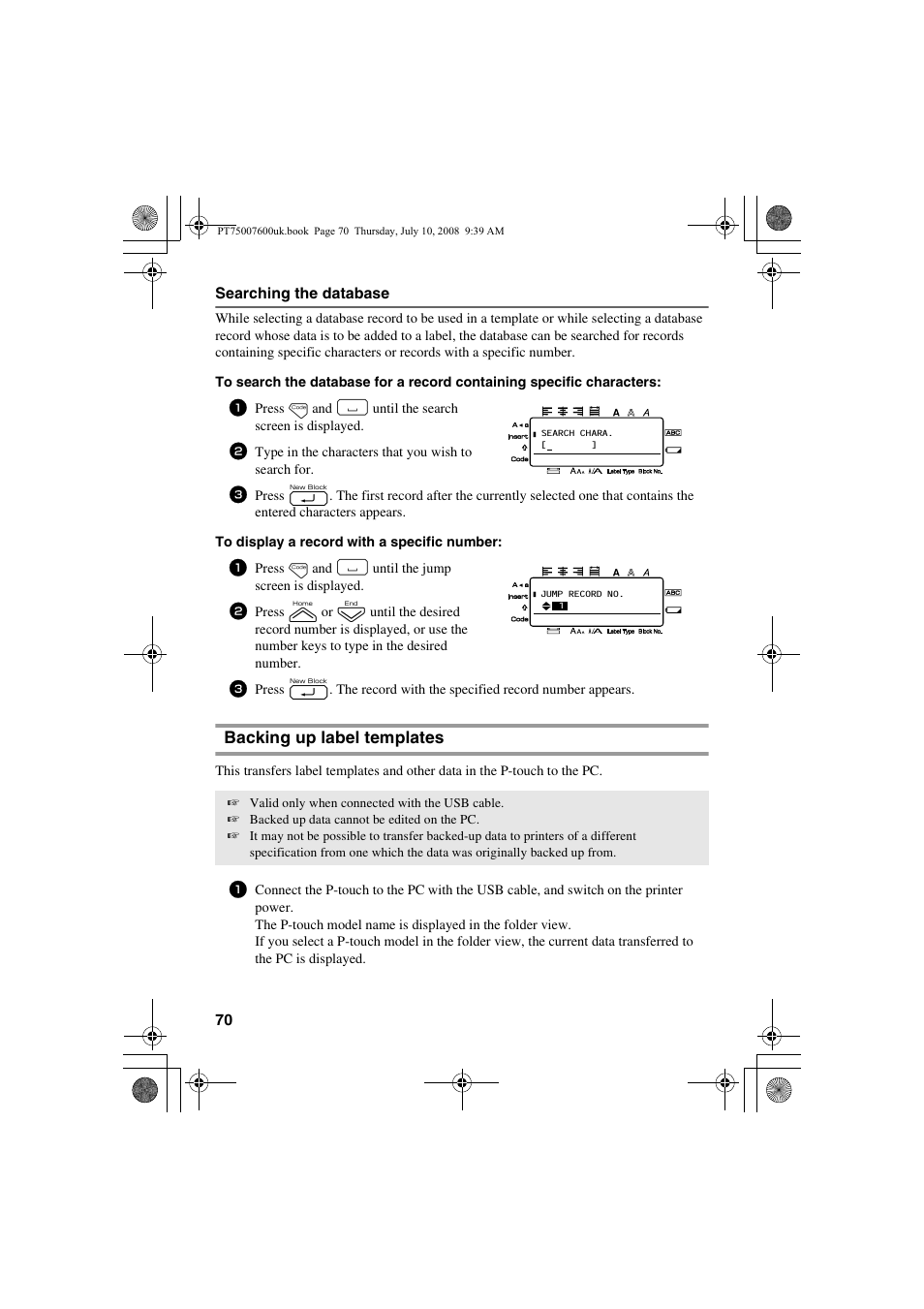 Backing up label templates, Searching the database, 70 searching the database | Brother P-TOUCH 7500 User Manual | Page 80 / 102