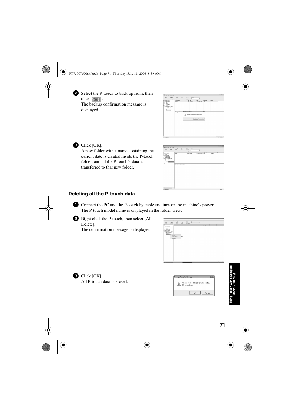 Deleting all the p-touch data, Click [ok]. all p-touch data is erased | Brother P-TOUCH 7500 User Manual | Page 81 / 102