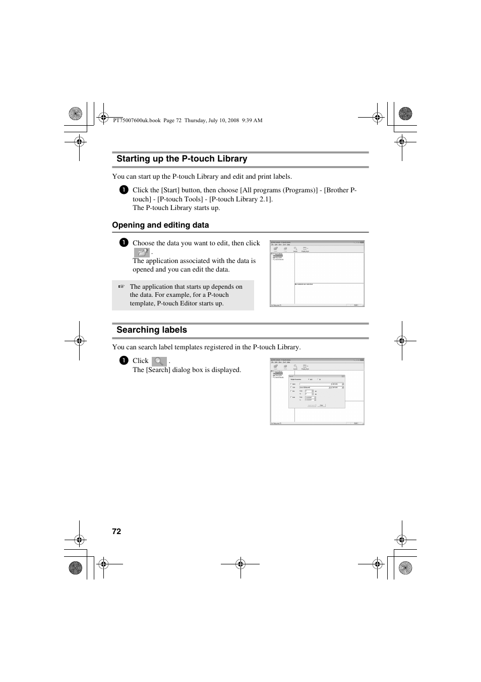 Starting up the p-touch library searching labels, Starting up the p-touch library, Searching labels | Brother P-TOUCH 7500 User Manual | Page 82 / 102