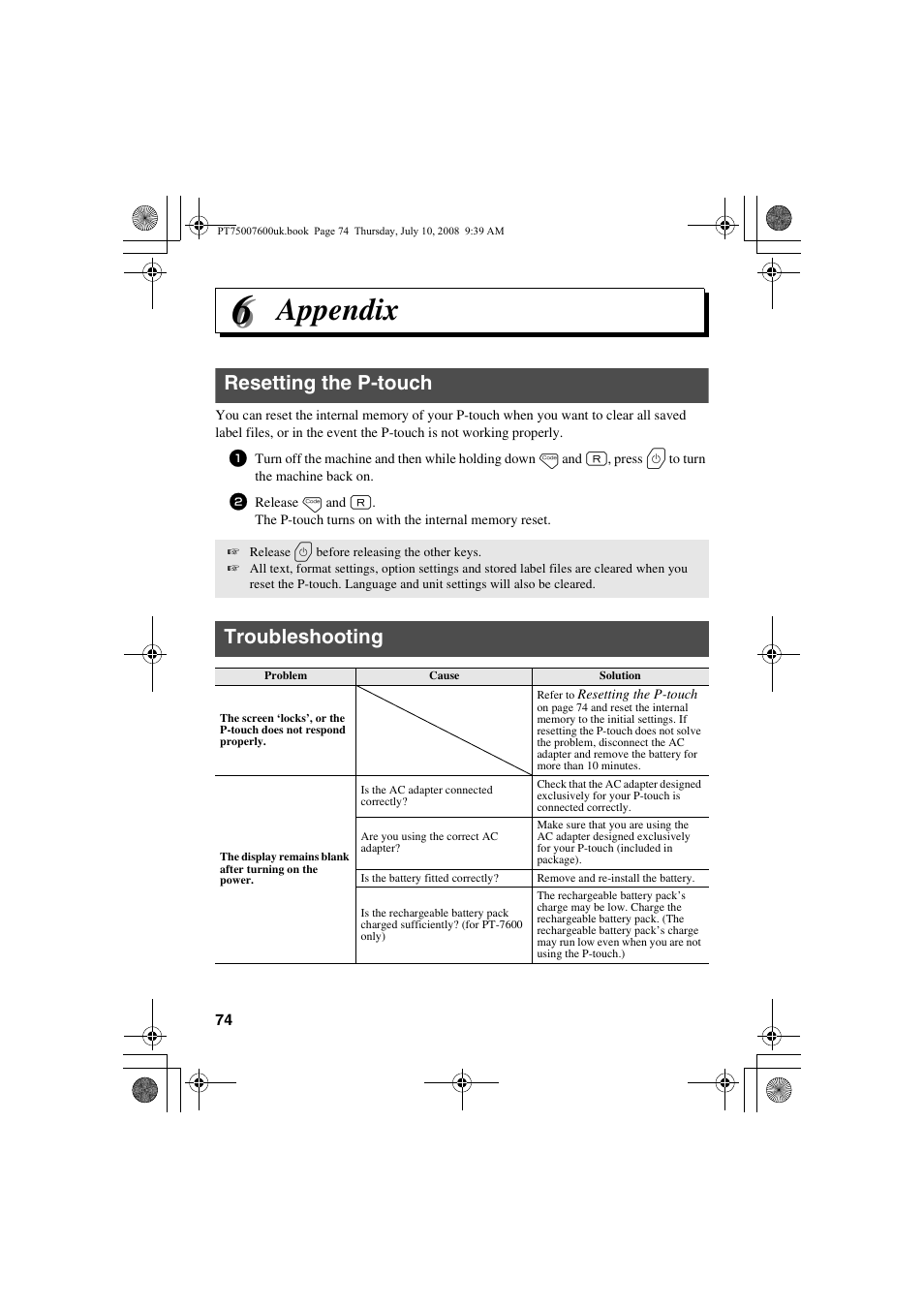 Appendix, Resetting the p-touch troubleshooting, Resetting the p-touch | Troubleshooting | Brother P-TOUCH 7500 User Manual | Page 84 / 102