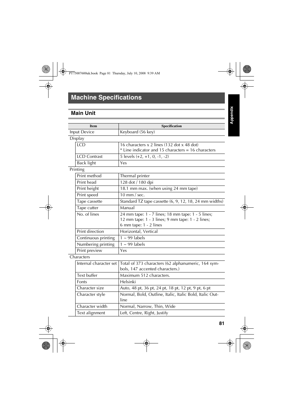 Machine specifications, Main unit | Brother P-TOUCH 7500 User Manual | Page 91 / 102