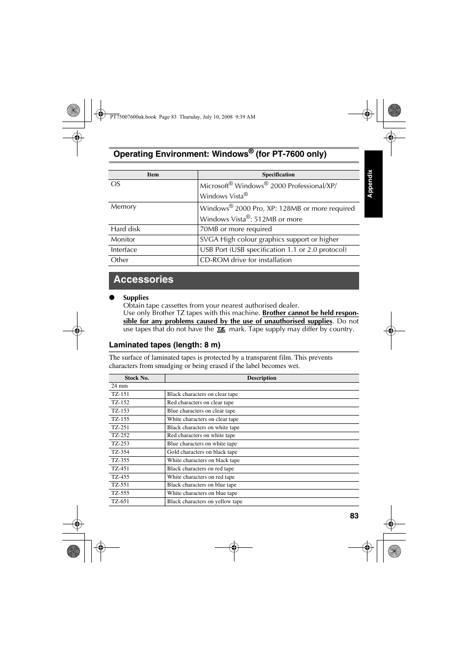 Operating environment: windows® (for pt-7600 only), Accessories, Operating environment: windows | For pt-7600 only) | Brother P-TOUCH 7500 User Manual | Page 93 / 102