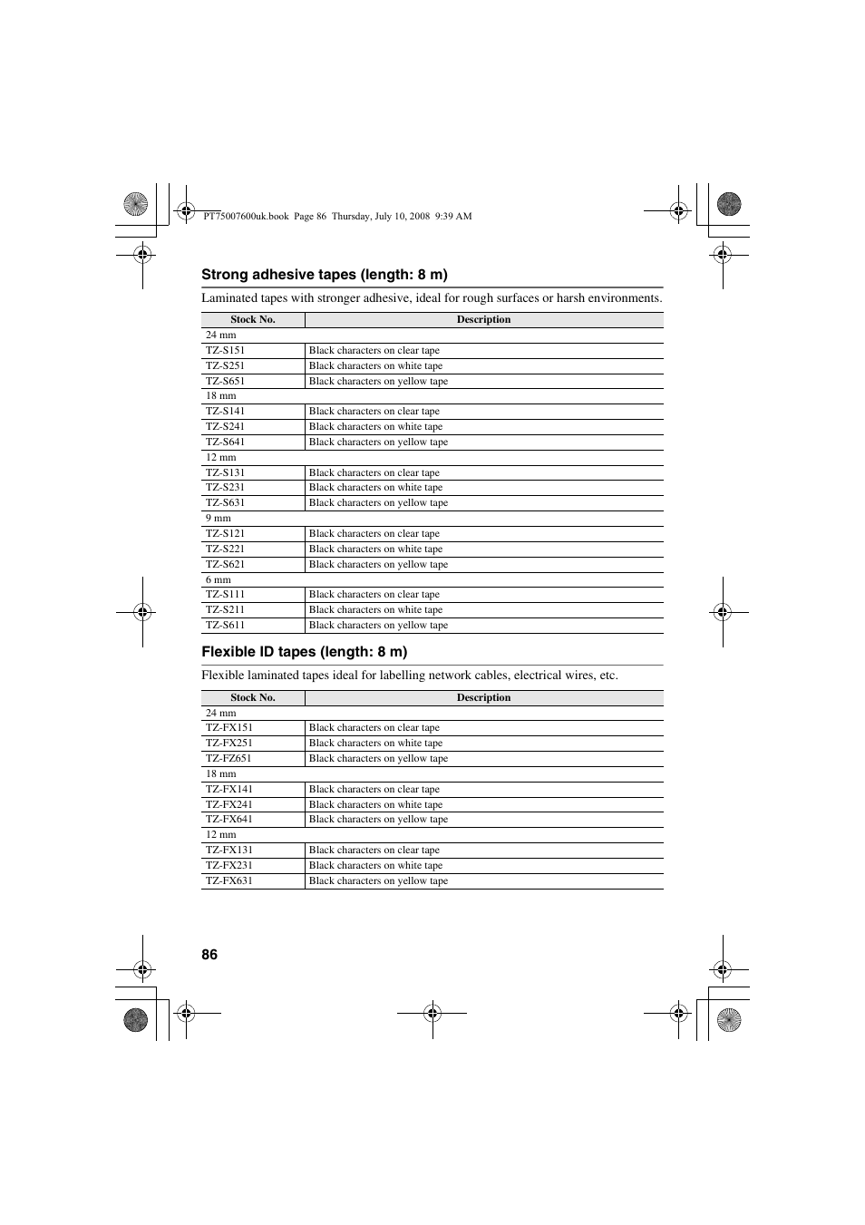 86 strong adhesive tapes (length: 8 m), Flexible id tapes (length: 8 m) | Brother P-TOUCH 7500 User Manual | Page 96 / 102