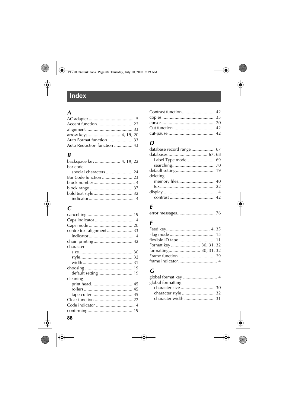 Index | Brother P-TOUCH 7500 User Manual | Page 98 / 102