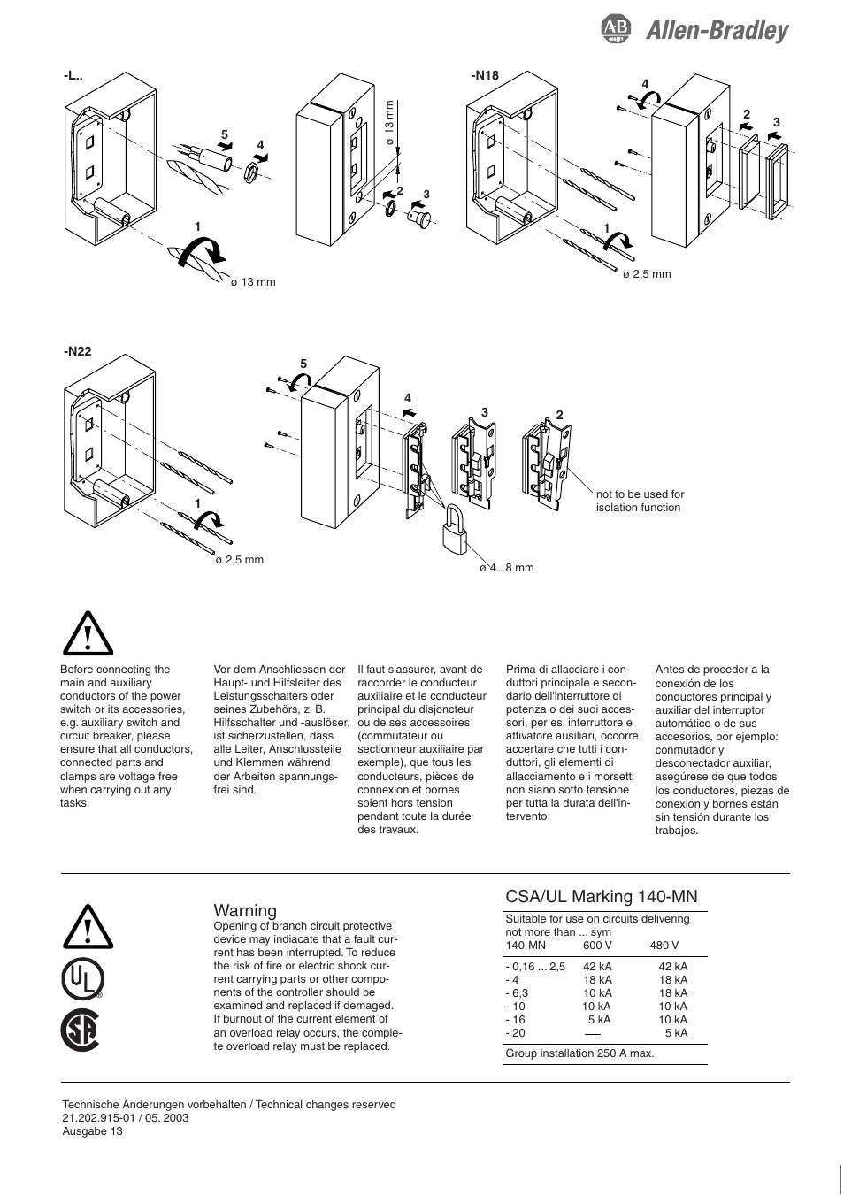 Warning, Csa/ul marking 140-mn | Rockwell Automation 140 Manual Motor Starter / Circuit Breaker User Manual | Page 4 / 4