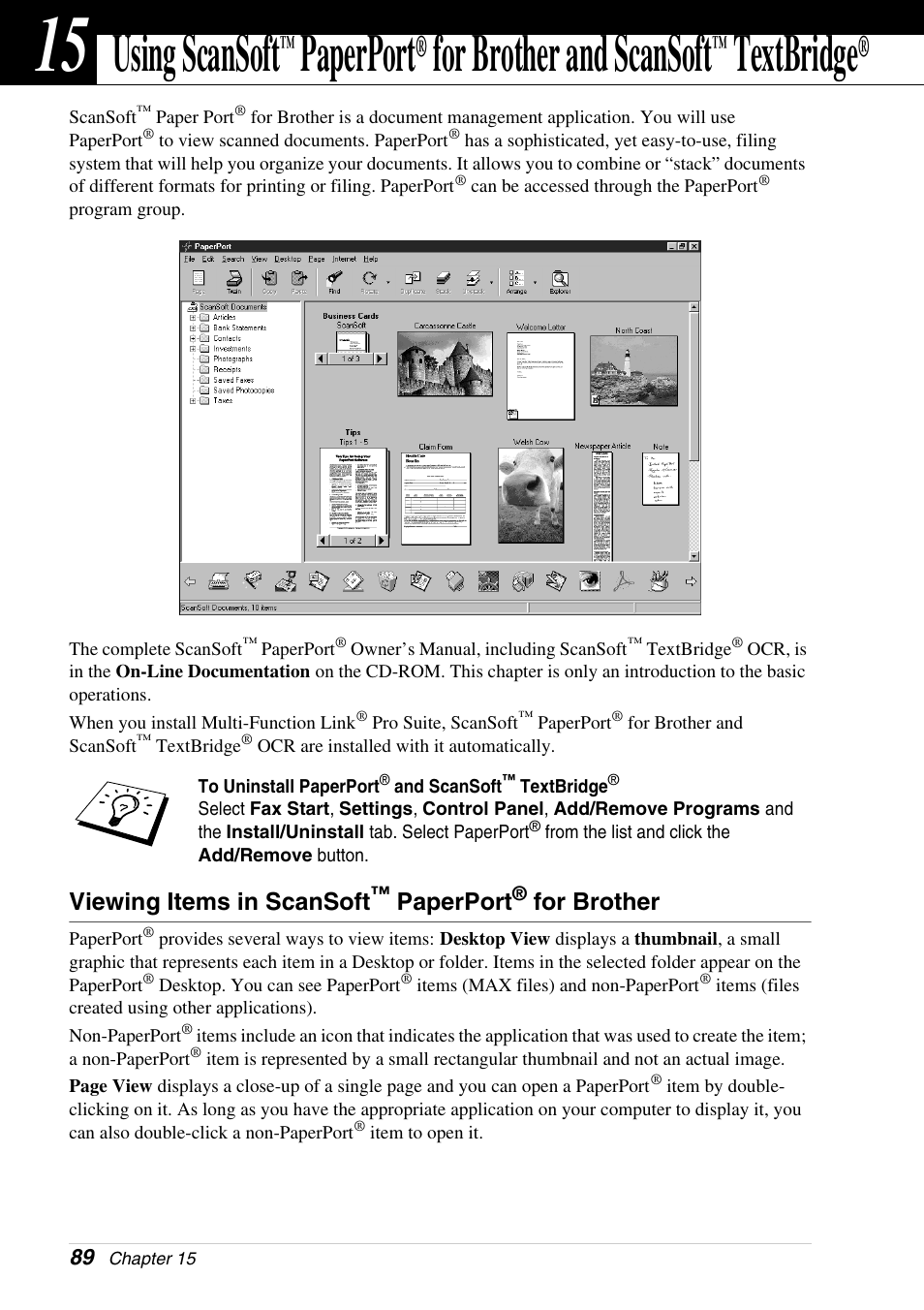 Viewing items in scansoft™ paperport® for brother, Chapter 15, Using scansoft | Paperport, For brother and, Scansoft, Textbridge, For brother and scansoft | Brother 4800 User Manual | Page 100 / 174