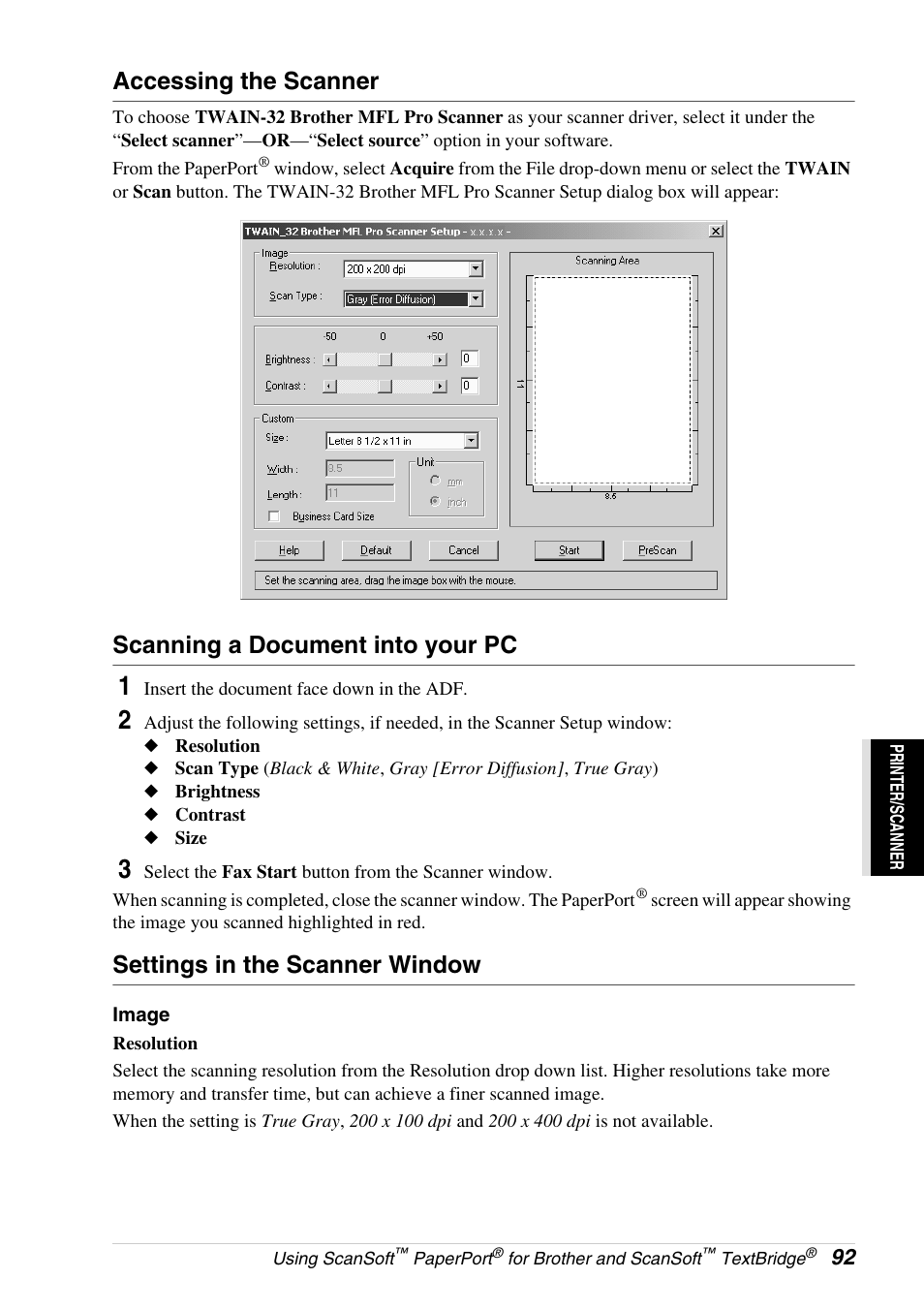 Accessing the scanner, Scanning a document into your pc, Settings in the scanner window | Brother 4800 User Manual | Page 103 / 174