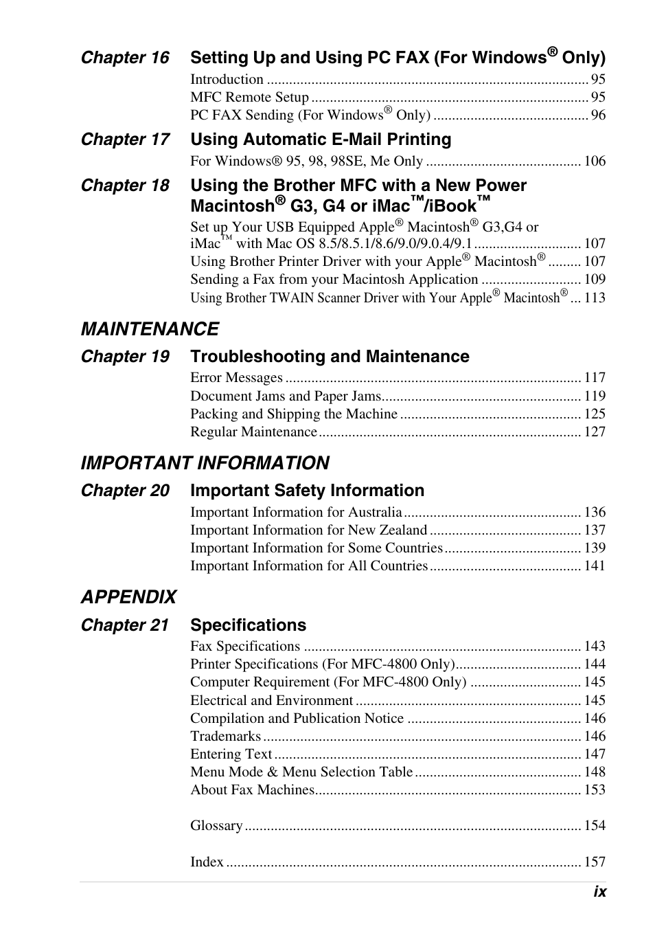 Maintenance, Important information, Appendix | Brother 4800 User Manual | Page 11 / 174