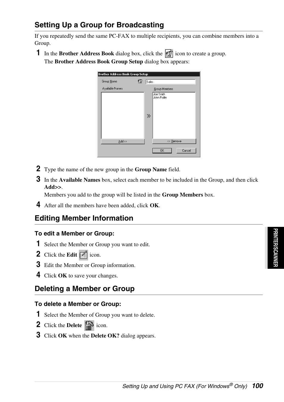 Setting up a group for broadcasting, Editing member information, Deleting a member or group | Brother 4800 User Manual | Page 111 / 174