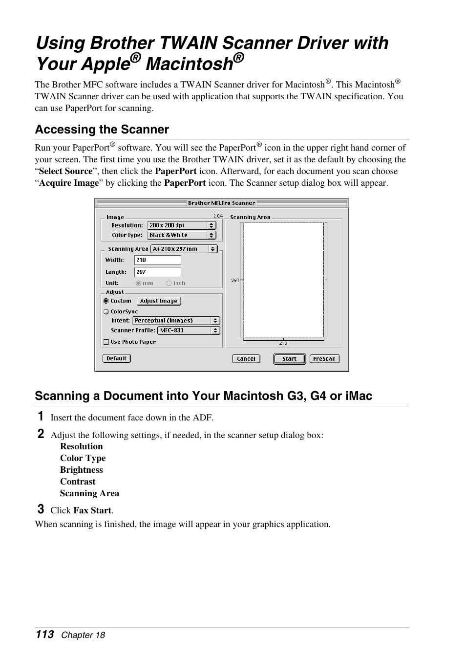 Accessing the scanner, Using brother twain scanner driver with your apple, Macintosh | Brother 4800 User Manual | Page 124 / 174