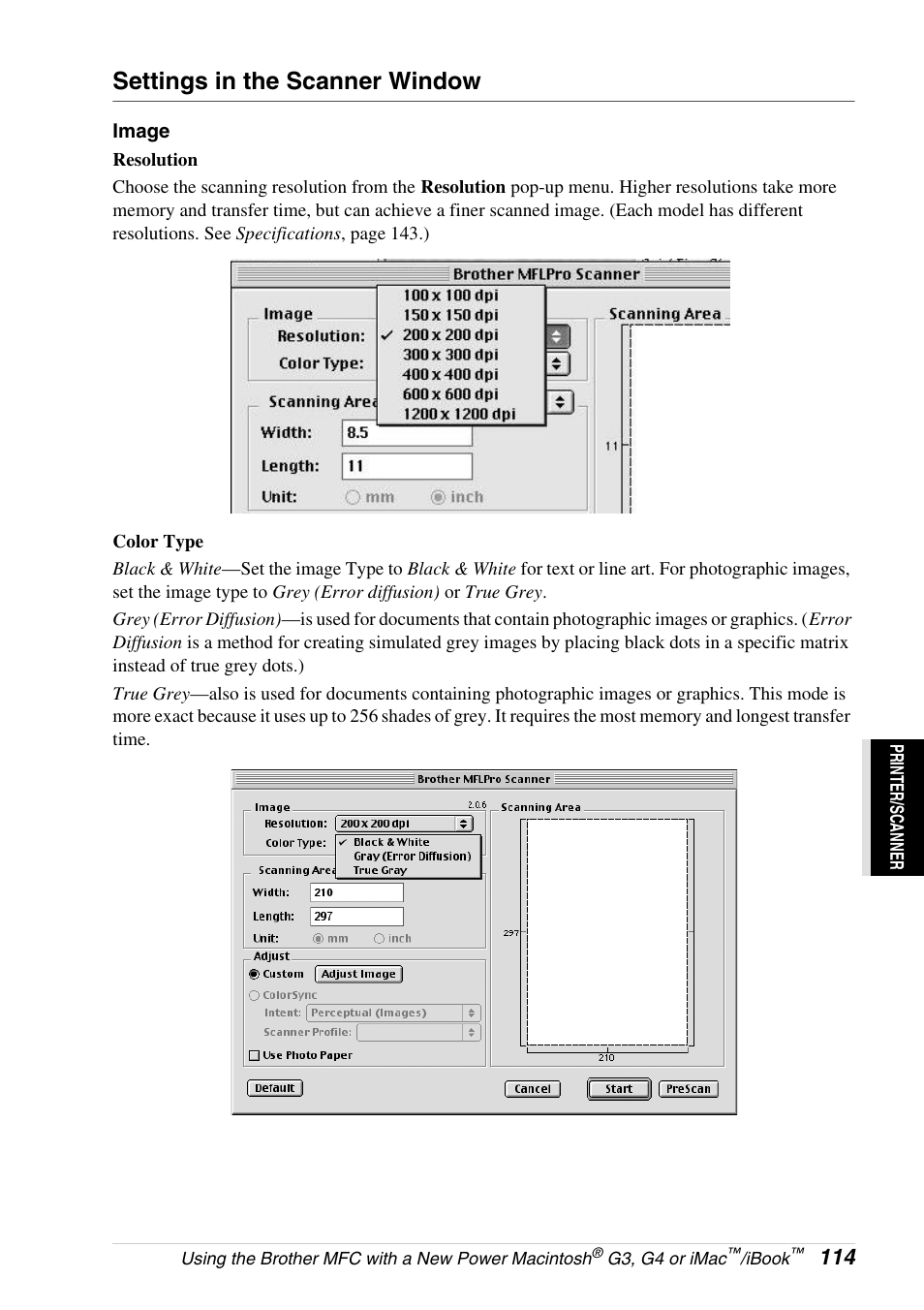 Settings in the scanner window | Brother 4800 User Manual | Page 125 / 174