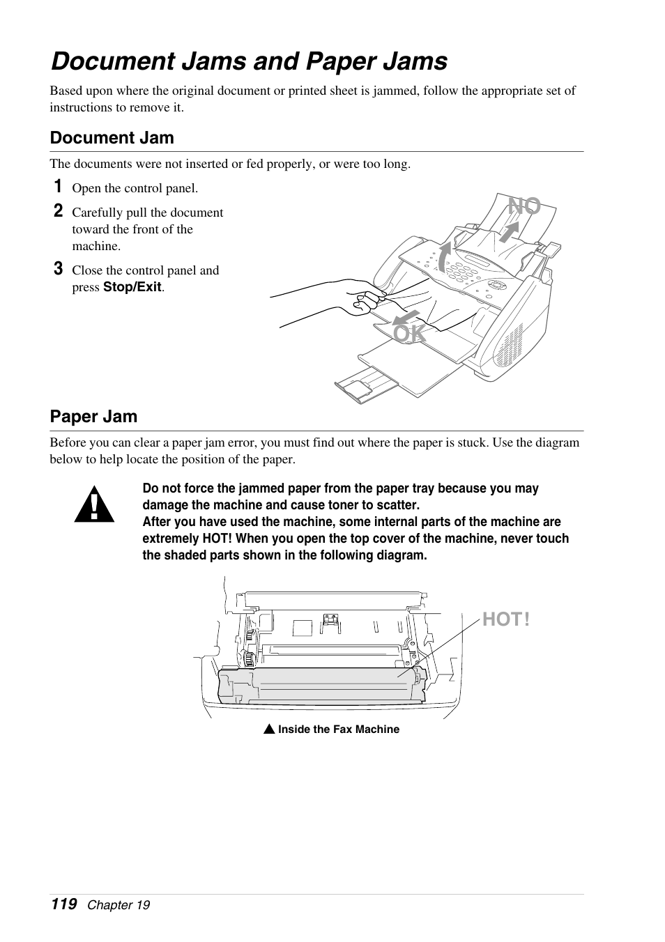 Document jams and paper jams, Document jam, Paper jam | No ok | Brother 4800 User Manual | Page 130 / 174