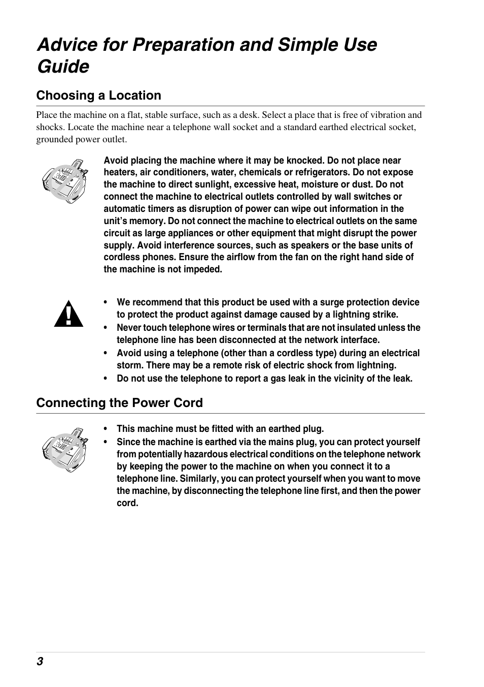 Advice for preparation and simple use guide, Choosing a location, Connecting the power cord | Brother 4800 User Manual | Page 14 / 174