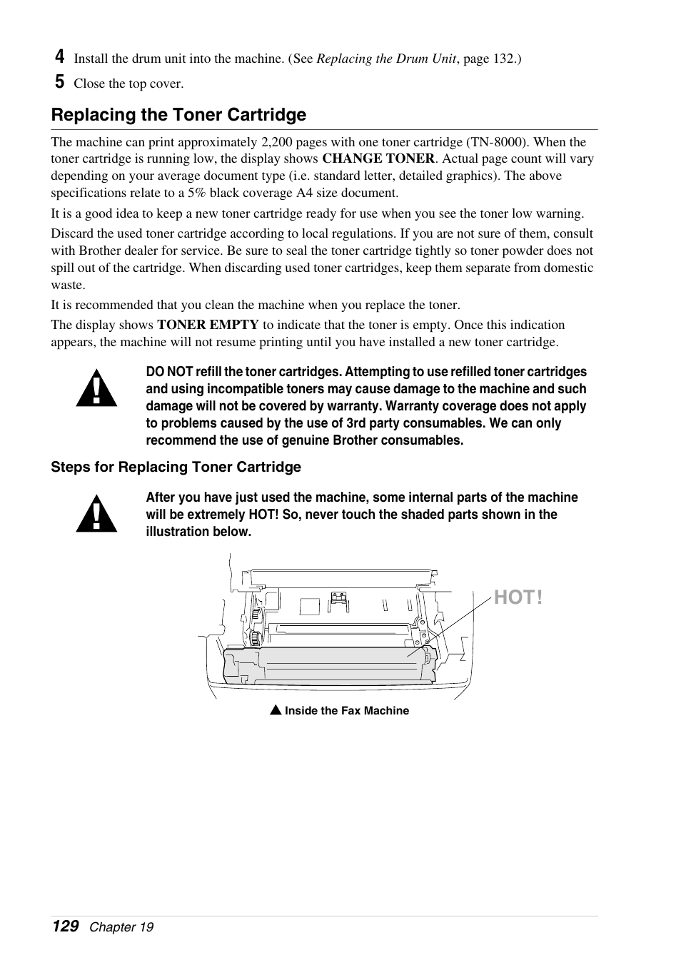 Replacing the toner cartridge | Brother 4800 User Manual | Page 140 / 174