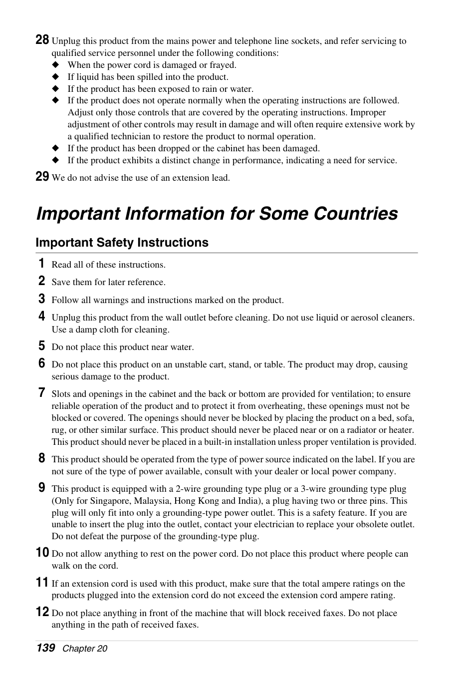 Important information for some countries, Important safety instructions | Brother 4800 User Manual | Page 150 / 174