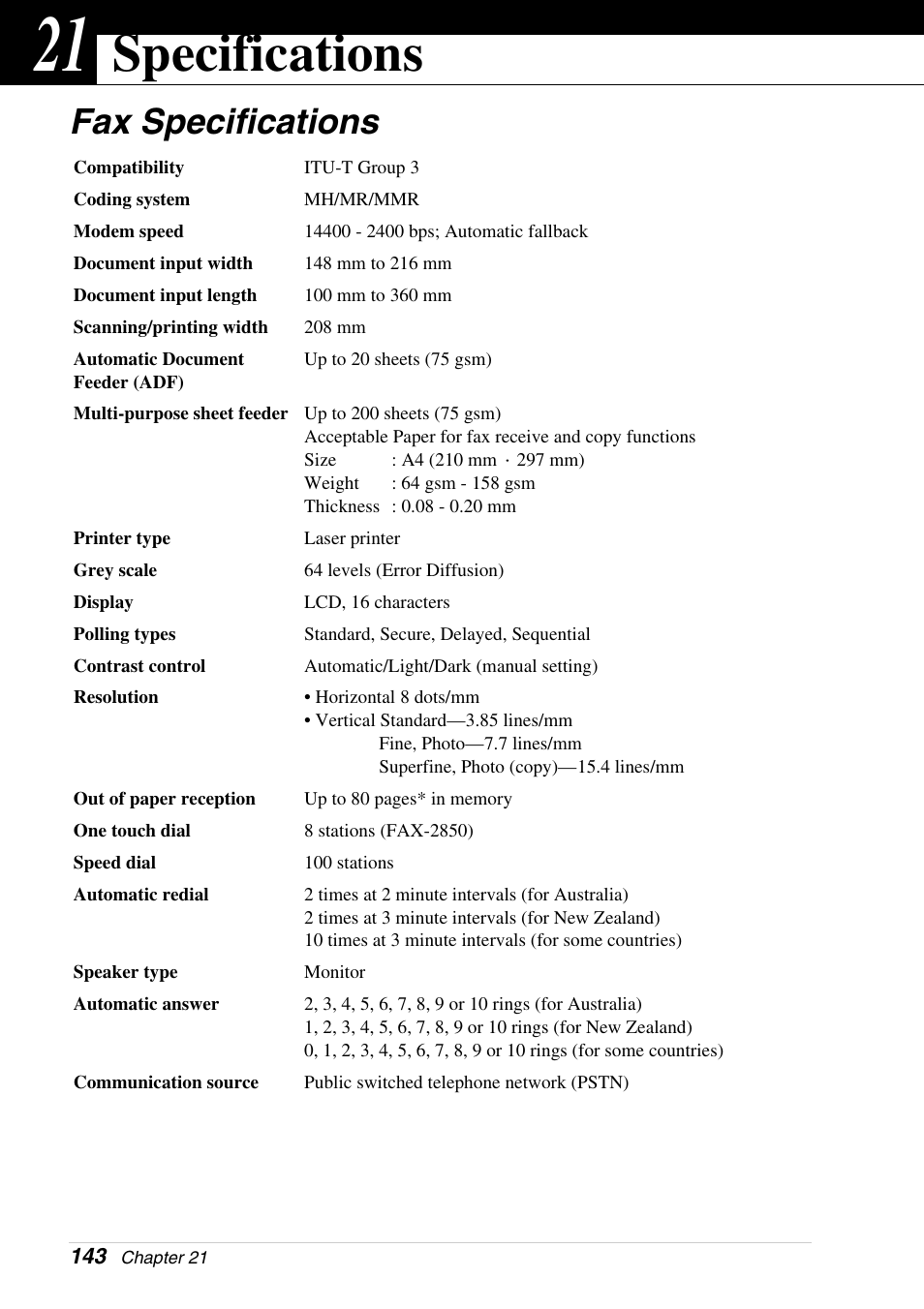 21 specifications, Fax specifications, Chapter 21 | Specifications | Brother 4800 User Manual | Page 154 / 174