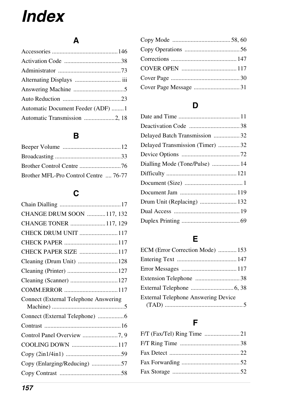 Index | Brother 4800 User Manual | Page 168 / 174