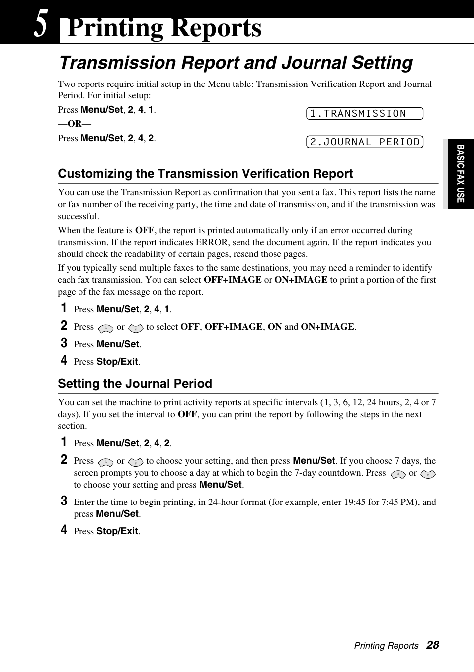 5 printing reports, Transmission report and journal setting, Customizing the transmission verification report | Setting the journal period, Chapter 5, Printing reports | Brother 4800 User Manual | Page 39 / 174