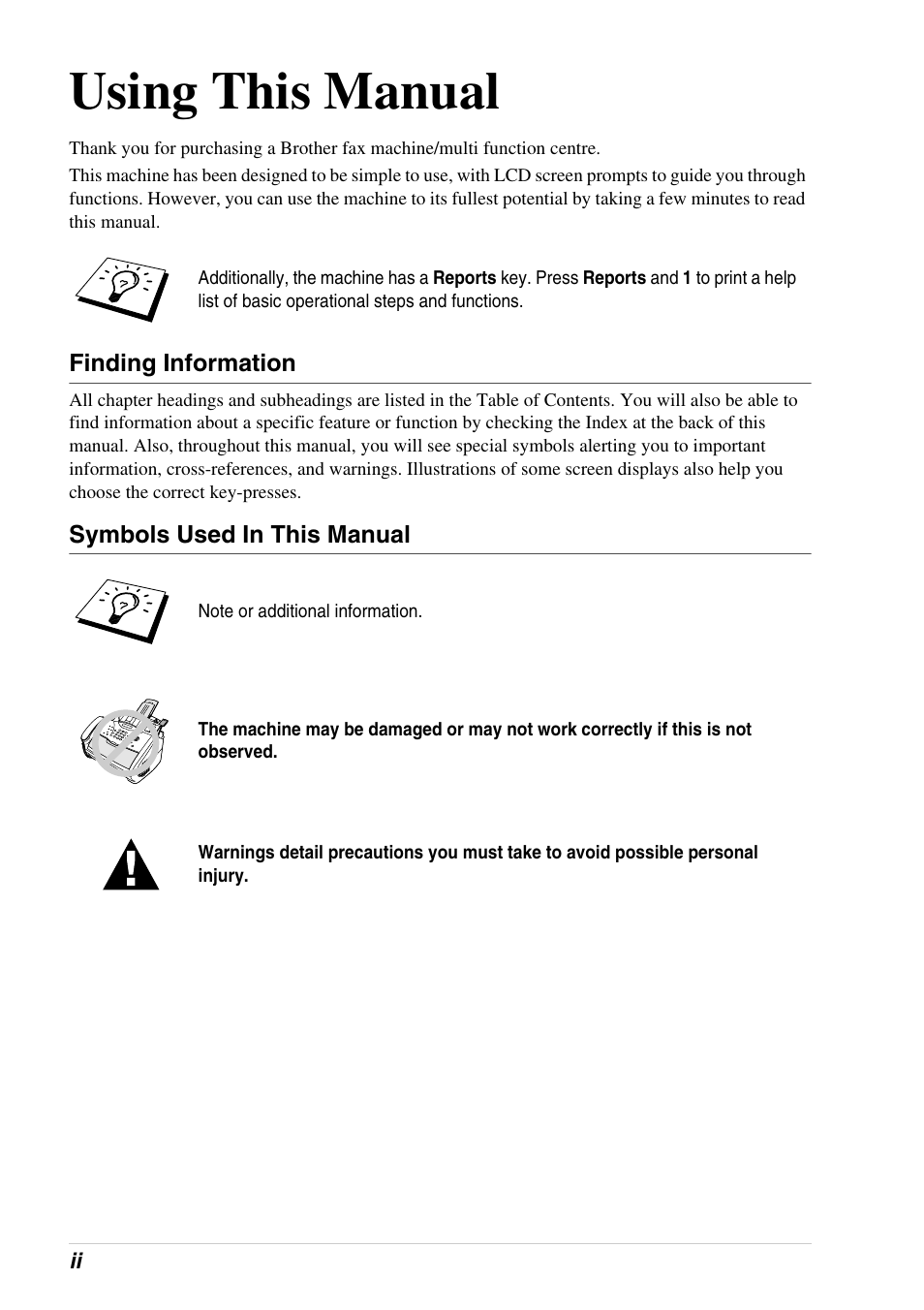 Using this manual, Finding information, Symbols used in this manual | Brother 4800 User Manual | Page 4 / 174