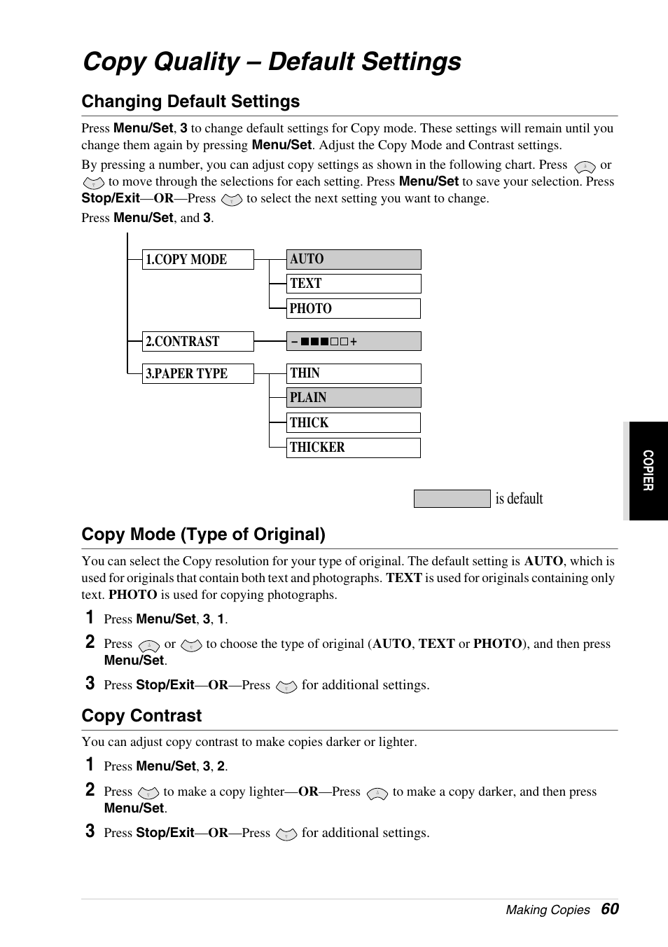 Copy quality – default settings, Changing default settings, Copy mode (type of original) | Copy contrast | Brother 4800 User Manual | Page 71 / 174