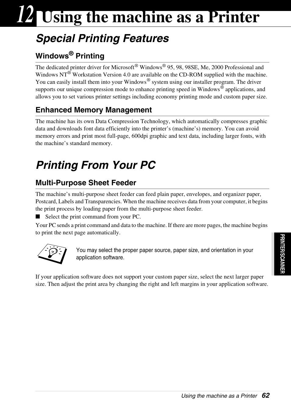 12 using the machine as a printer, Special printing features, Windows® printing | Enhanced memory management, Printing from your pc, Multi-purpose sheet feeder, Chapter 12, Using the machine as a printer, Special printing features printing from your pc | Brother 4800 User Manual | Page 73 / 174