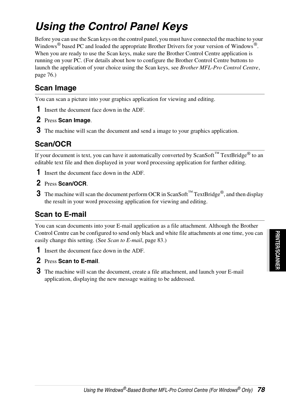 Using the control panel keys, Scan image, Scan/ocr | Scan to e-mail | Brother 4800 User Manual | Page 89 / 174