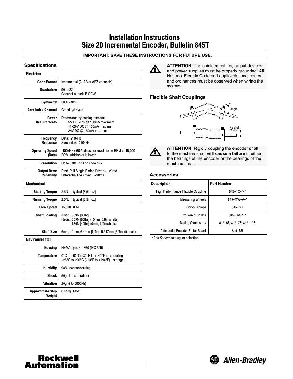 Rockwell Automation 845T Size 20 Incremental Encoder, Installation Instructions User Manual | 4 pages