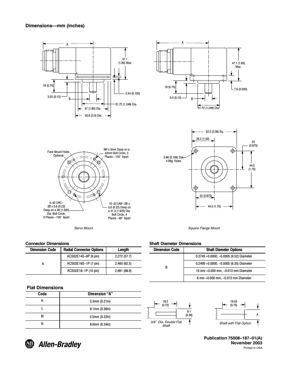 Dimensions—mm (inches), Flat dimensions | Rockwell Automation 845T Size 20 Incremental Encoder, Installation Instructions User Manual | Page 4 / 4