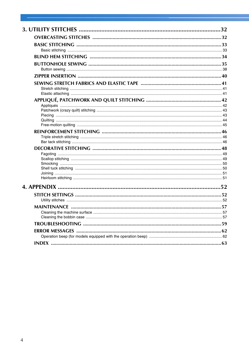 Utility stitches, Appendix | Brother NC21SE User Manual | Page 5 / 66
