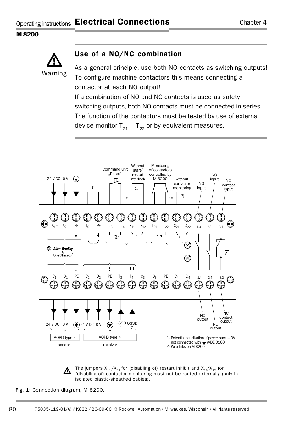 Electrical connections, Use of a no/ nc combination, Operating instructions m 8200 | Chapter 4, Or by equivalent measures, Warning | Rockwell Automation 440L Safety Interface M8200 Relay Module User Manual | Page 12 / 18