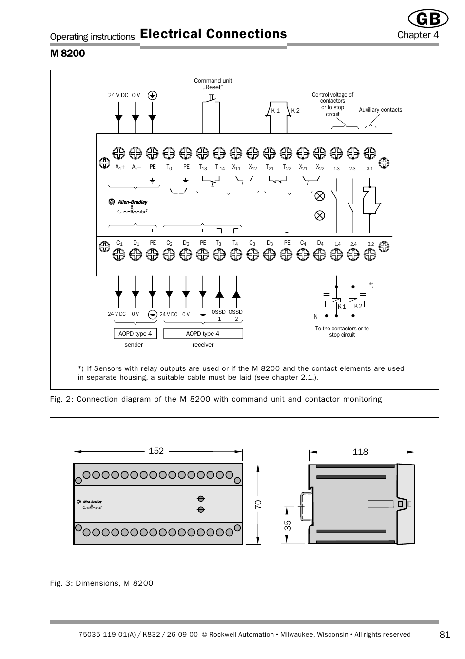 Electrical connections, Operating instructions m 8200, Chapter 4 | Rockwell Automation 440L Safety Interface M8200 Relay Module User Manual | Page 13 / 18