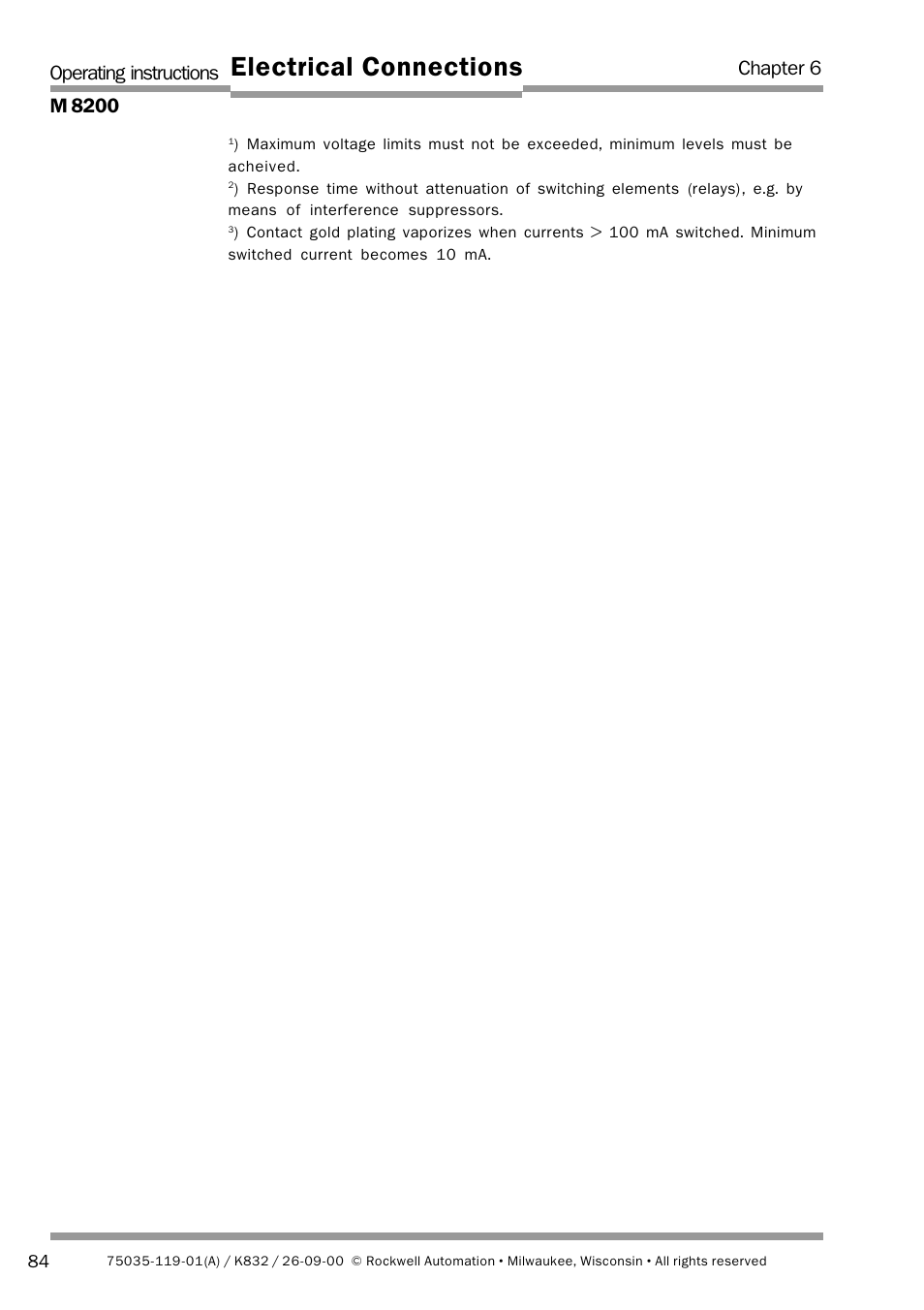 Electrical connections, Operating instructions m 8200, Chapter 6 | Rockwell Automation 440L Safety Interface M8200 Relay Module User Manual | Page 16 / 18