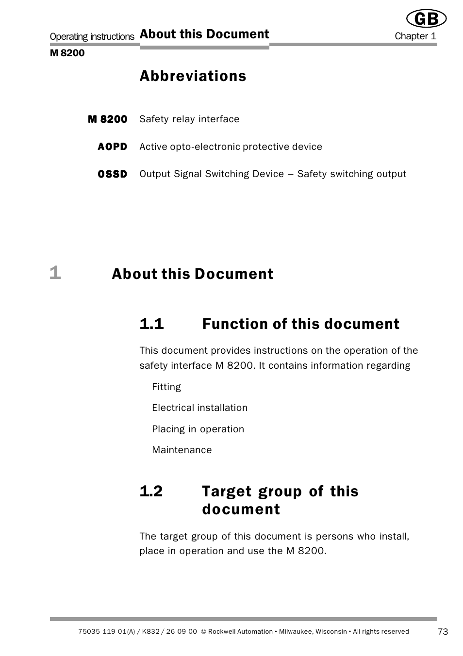 Abbreviations, 1 function of this document, 2 target group of this document | About this document | Rockwell Automation 440L Safety Interface M8200 Relay Module User Manual | Page 5 / 18