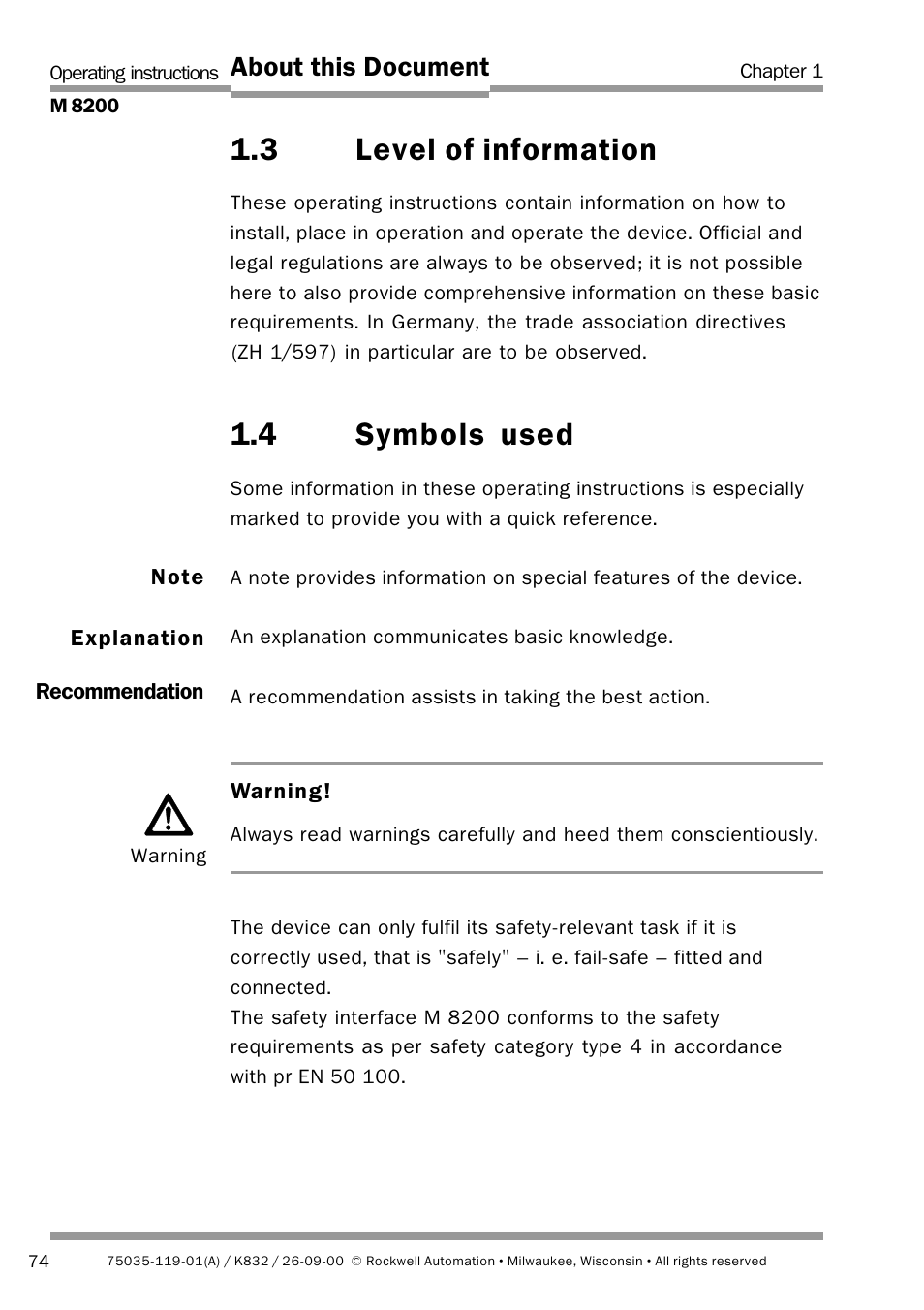 3 level of information, 4 symbols used, About this document | Rockwell Automation 440L Safety Interface M8200 Relay Module User Manual | Page 6 / 18