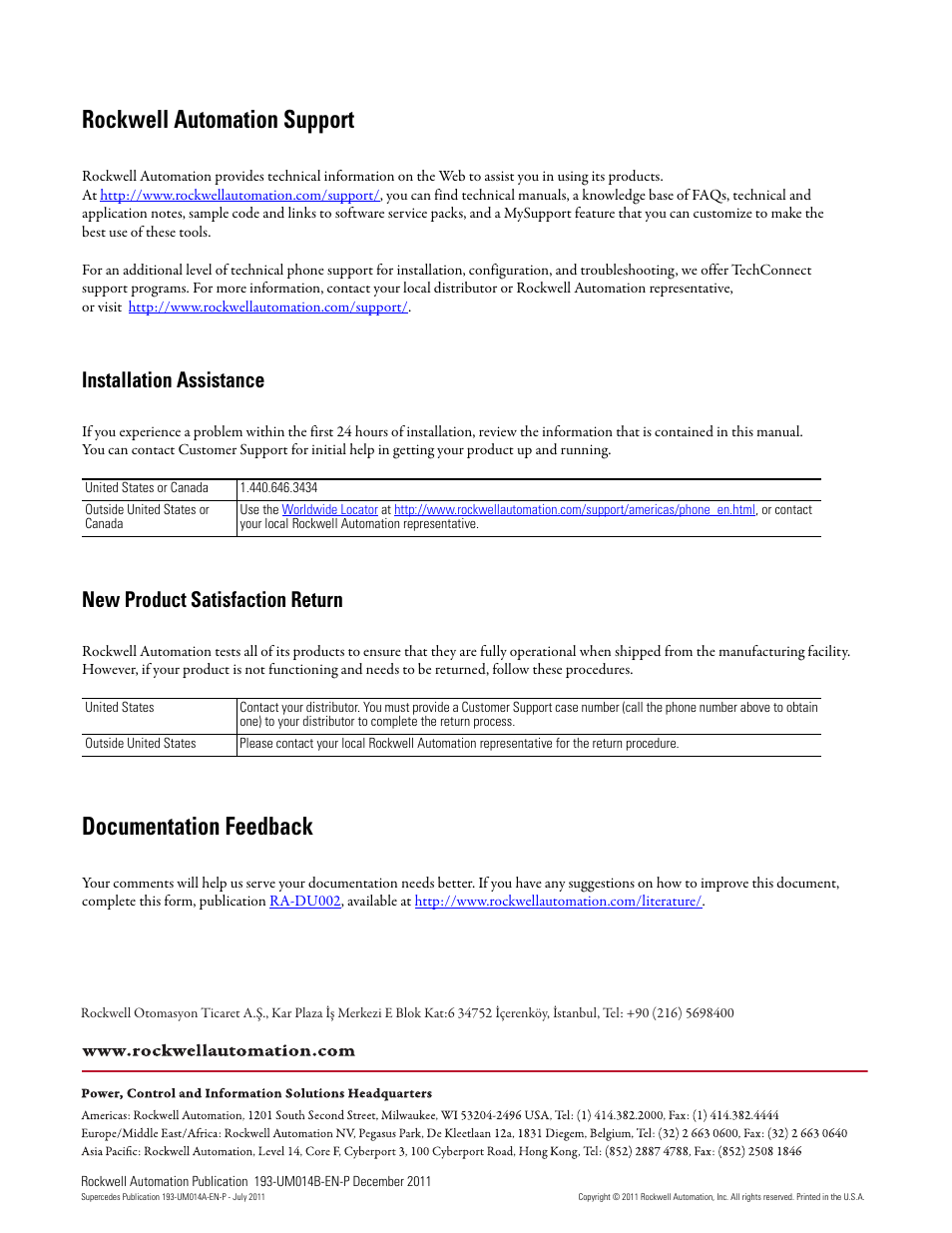 Back cover, Rockwell automation support, Documentation feedback | Installation assistance, New product satisfaction return | Rockwell Automation 193-DNENCATR EtherNet/IP Communications Auxiliary User Manual User Manual | Page 104 / 104