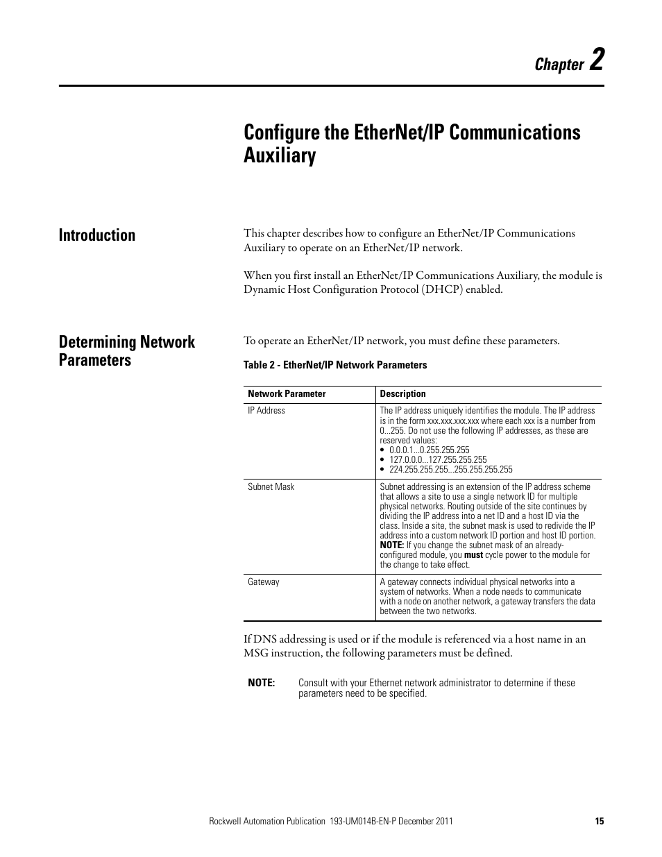 Configure the ethernet/ip communications auxiliary, Introduction, Determining network parameters | Chapter 2, Introduction determining network parameters, Chapter | Rockwell Automation 193-DNENCATR EtherNet/IP Communications Auxiliary User Manual User Manual | Page 15 / 104