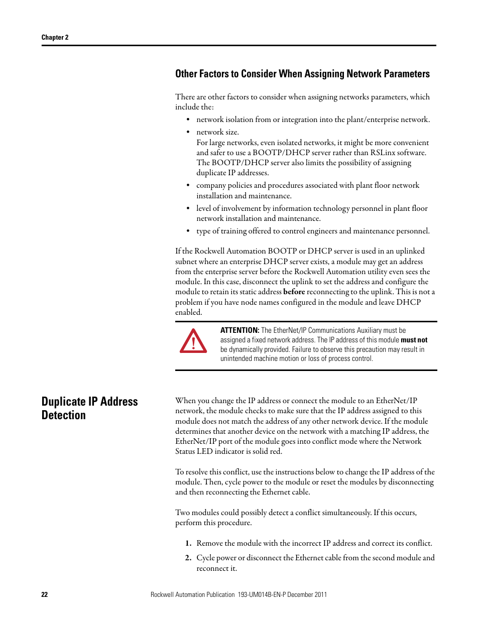 Duplicate ip address detection | Rockwell Automation 193-DNENCATR EtherNet/IP Communications Auxiliary User Manual User Manual | Page 22 / 104